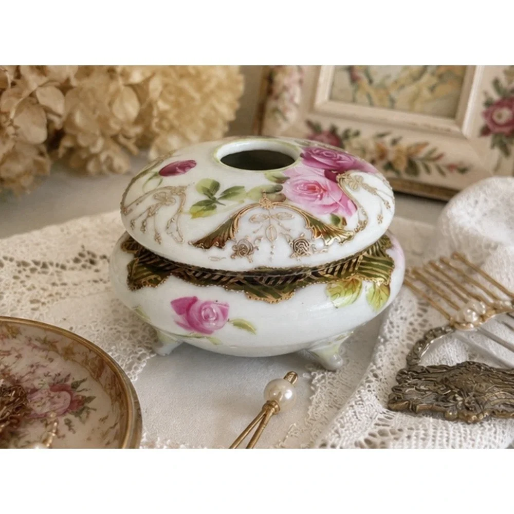 Antique Hand Painted Nippon Hair Receiver Pink Roses Gold Gilt 3 Footed Japan